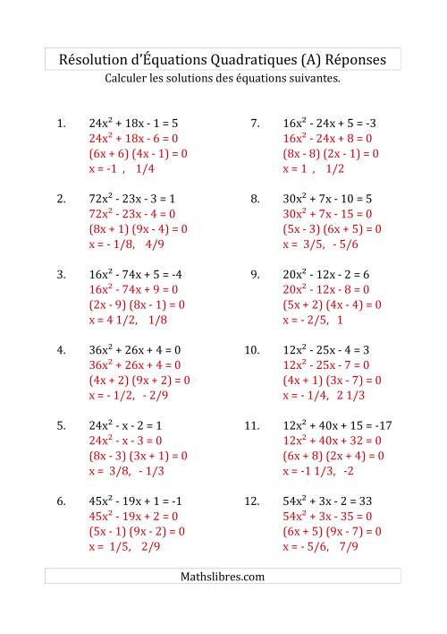Résolution d’Équations Quadratiques (Coefficients variant jusqu'à 81) (A) page 2
