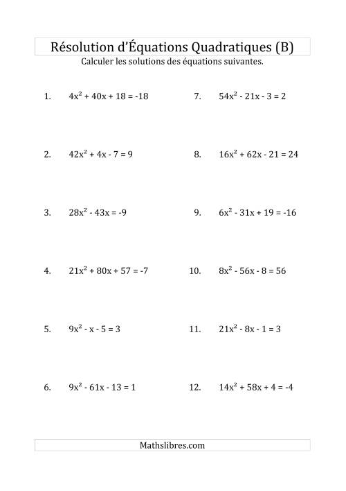 Résolution d’Équations Quadratiques (Coefficients variant jusqu'à 81) (B)