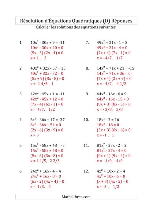 Résolution d’Équations Quadratiques (Coefficients variant jusqu'à 81) (D) page 2