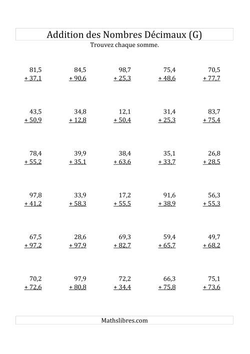 Addition de Nombres Décimaux au Dixième Près Avec 2 Chiffres Avant le Nombre Décimal (variant de 10,1 à 99,9) (G)