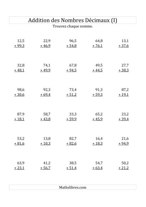 Addition de Nombres Décimaux au Dixième Près Avec 2 Chiffres Avant le Nombre Décimal (variant de 10,1 à 99,9) (I)