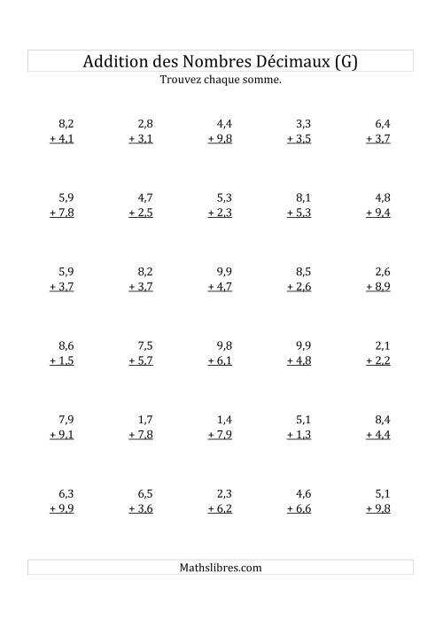 Addition de Nombres Décimaux au Dixième Près Avec 1 Chiffre Avant le Nombre Décimal (variant de 1,1 à 9,9) (G)