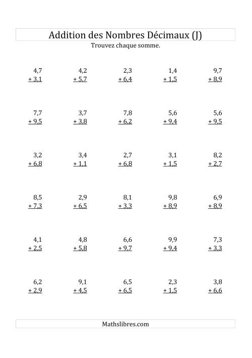 Addition de Nombres Décimaux au Dixième Près Avec 1 Chiffre Avant le Nombre Décimal (variant de 1,1 à 9,9) (J)
