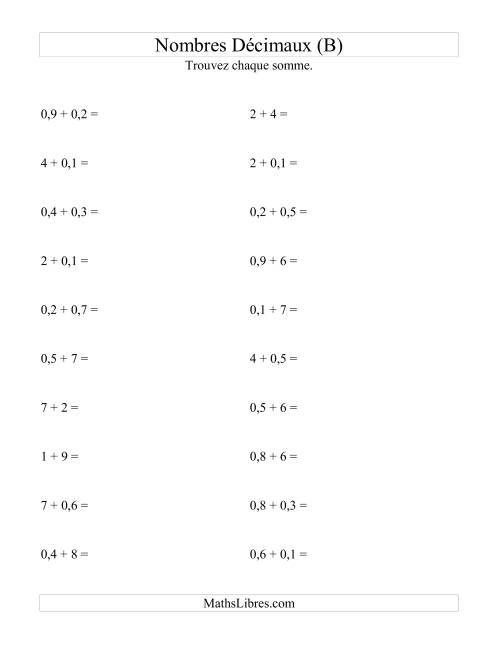 Addition horizontale de nombres décimaux (1 décimale) (B)