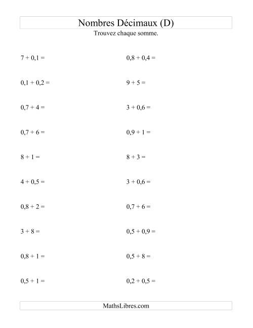Addition horizontale de nombres décimaux (1 décimale) (D)