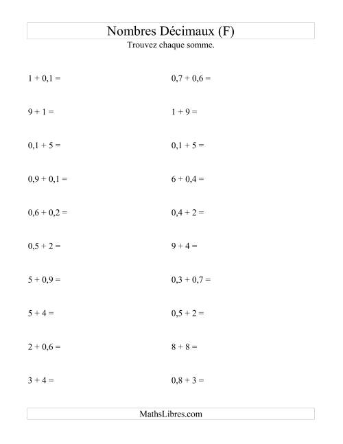 Addition horizontale de nombres décimaux (1 décimale) (F)