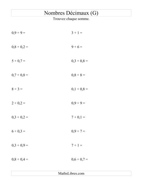 Addition horizontale de nombres décimaux (1 décimale) (G)