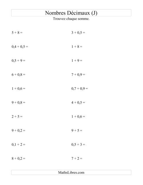 Addition horizontale de nombres décimaux (1 décimale) (J)