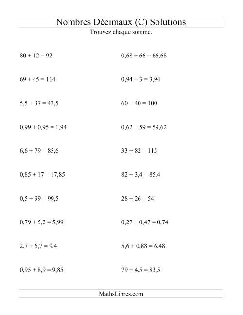 Addition horizontale de nombres décimaux (2 décimales) (C) page 2