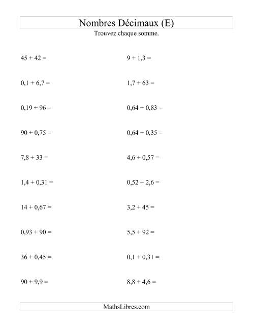 Addition horizontale de nombres décimaux (2 décimales) (E)