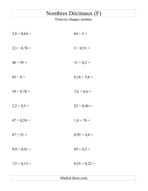Addition horizontale de nombres décimaux (2 décimales) (F)