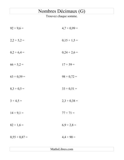 Addition horizontale de nombres décimaux (2 décimales) (G)