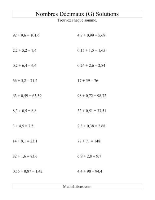 Addition horizontale de nombres décimaux (2 décimales) (G) page 2