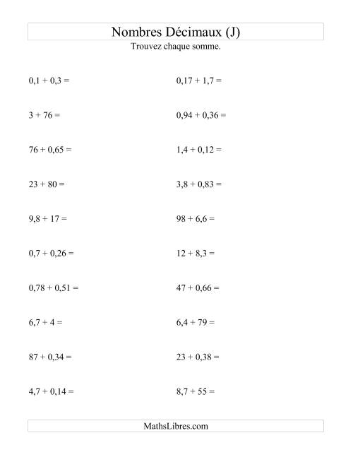 Addition horizontale de nombres décimaux (2 décimales) (J)