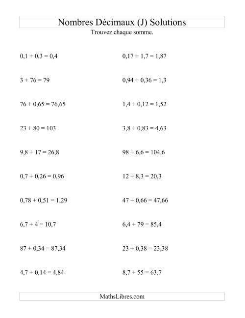 Addition horizontale de nombres décimaux (2 décimales) (J) page 2