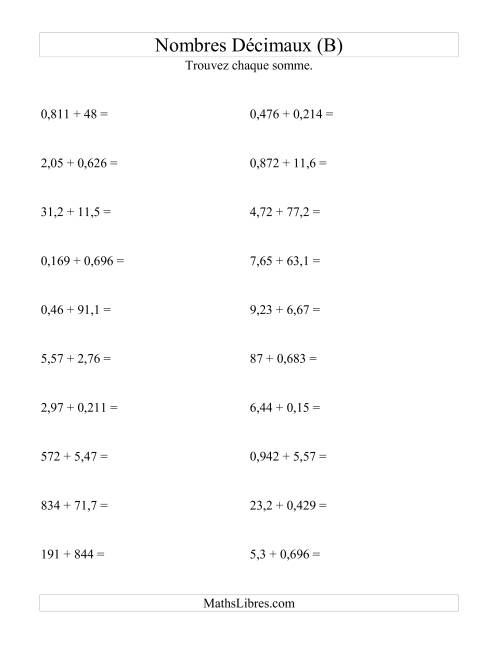 Addition horizontale de nombres décimaux (3 décimales) (B)