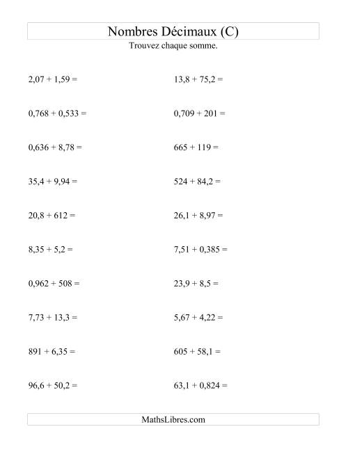 Addition horizontale de nombres décimaux (3 décimales) (C)