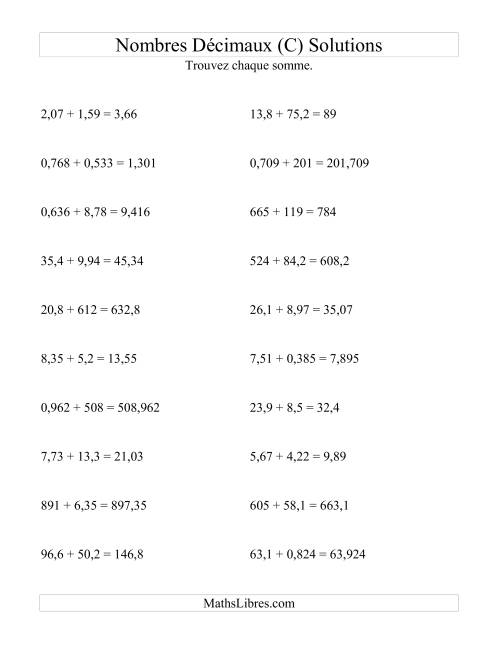 Addition horizontale de nombres décimaux (3 décimales) (C) page 2