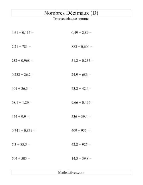 Addition horizontale de nombres décimaux (3 décimales) (D)