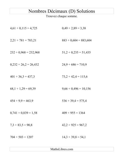 Addition horizontale de nombres décimaux (3 décimales) (D) page 2
