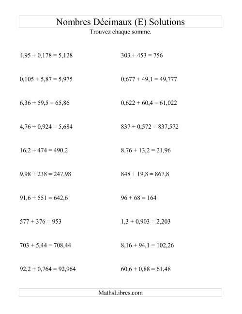 Addition horizontale de nombres décimaux (3 décimales) (E) page 2
