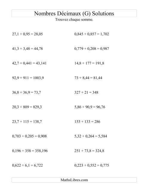 Addition horizontale de nombres décimaux (3 décimales) (G) page 2