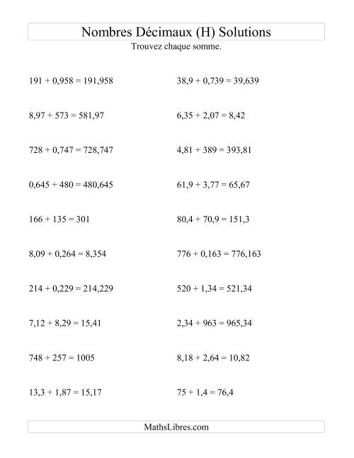 Addition horizontale de nombres décimaux (3 décimales) (H) page 2