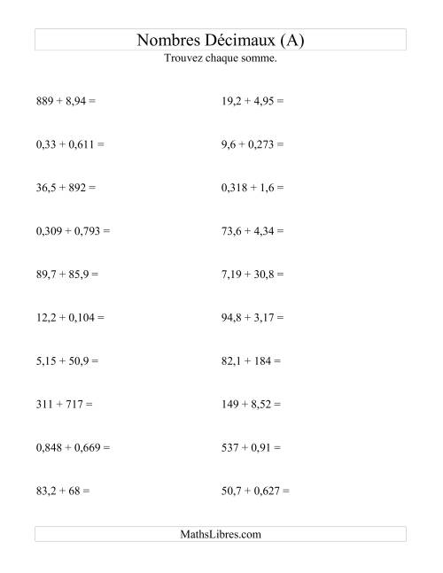 Addition horizontale de nombres décimaux (3 décimales) (Tout)