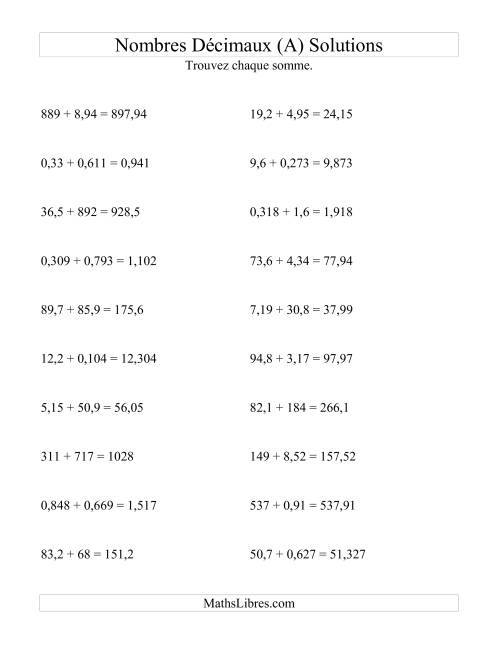 Addition horizontale de nombres décimaux (3 décimales) (Tout) page 2