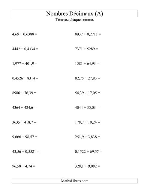 Addition horizontale de nombres décimaux (4 décimales) (A)