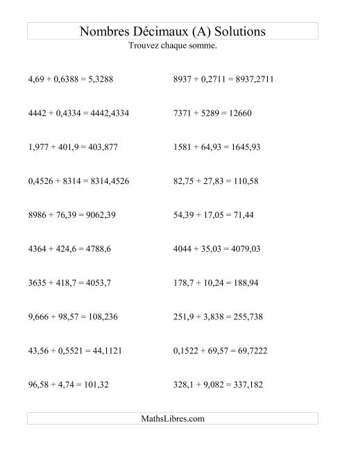 Addition horizontale de nombres décimaux (4 décimales) (A) page 2
