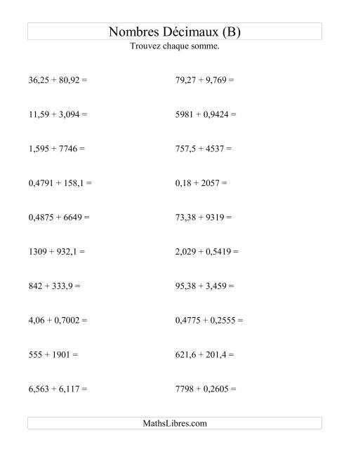 Addition horizontale de nombres décimaux (4 décimales) (B)