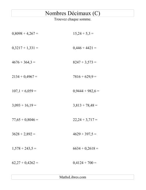 Addition horizontale de nombres décimaux (4 décimales) (C)