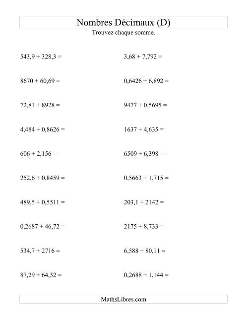 Addition horizontale de nombres décimaux (4 décimales) (D)