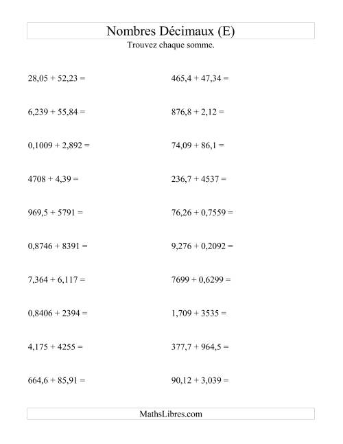 Addition horizontale de nombres décimaux (4 décimales) (E)