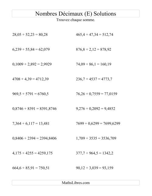 Addition horizontale de nombres décimaux (4 décimales) (E) page 2