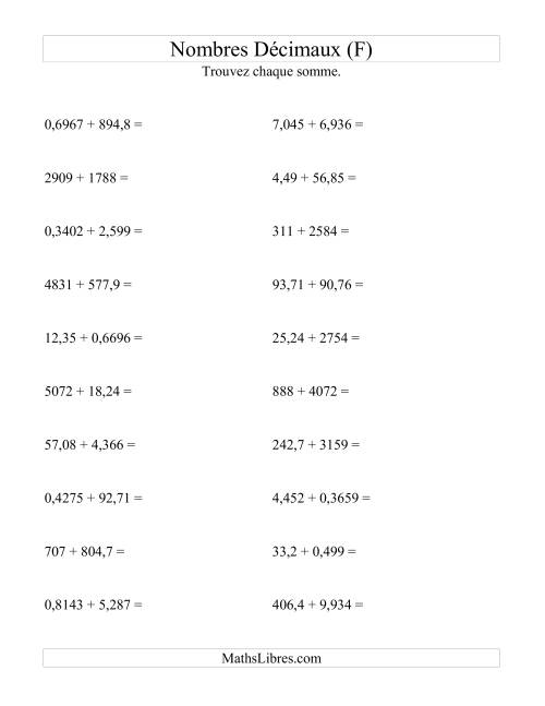 Addition horizontale de nombres décimaux (4 décimales) (F)
