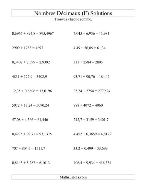 Addition horizontale de nombres décimaux (4 décimales) (F) page 2