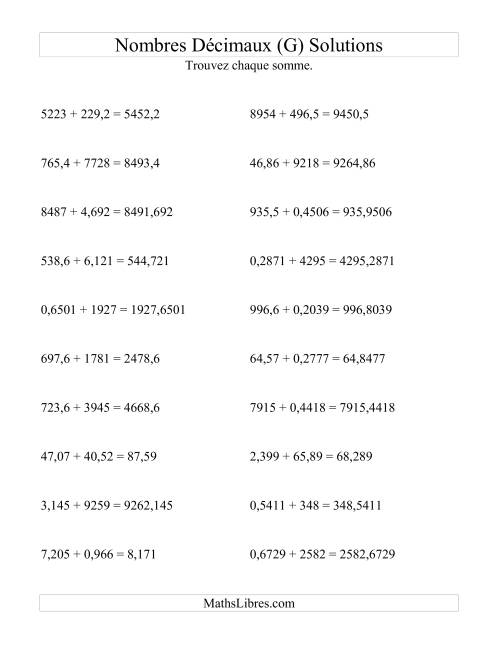 Addition horizontale de nombres décimaux (4 décimales) (G) page 2