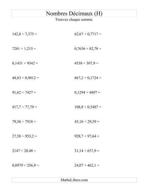 Addition horizontale de nombres décimaux (4 décimales) (H)