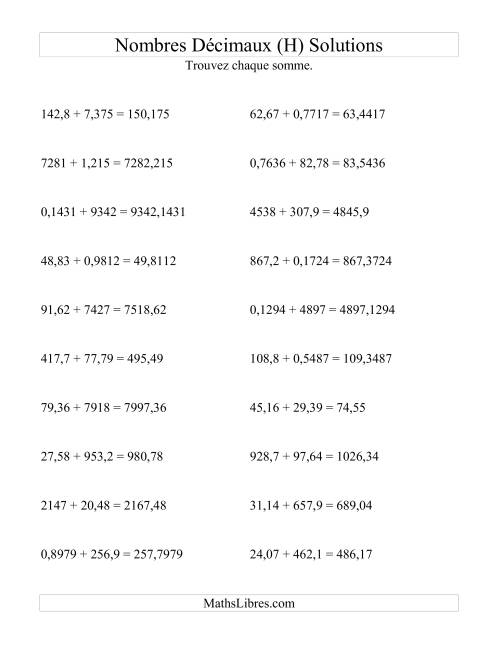 Addition horizontale de nombres décimaux (4 décimales) (H) page 2