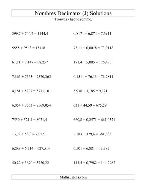 Addition horizontale de nombres décimaux (4 décimales) (J) page 2