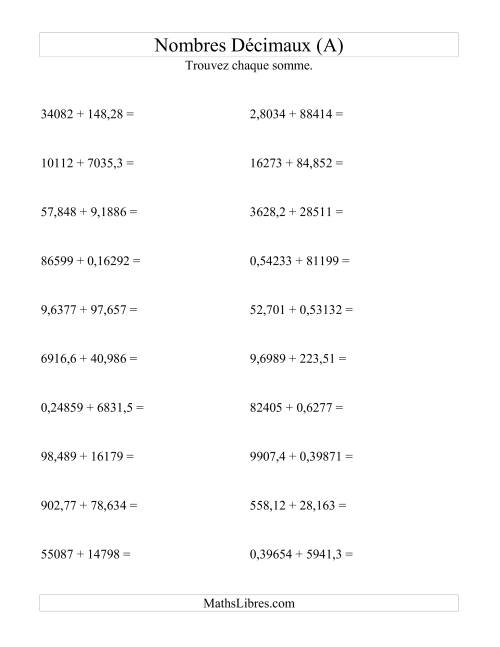 Addition horizontale de nombres décimaux (5 décimales) (A)