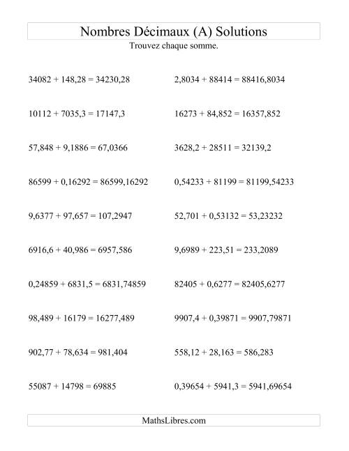 Addition horizontale de nombres décimaux (5 décimales) (A) page 2