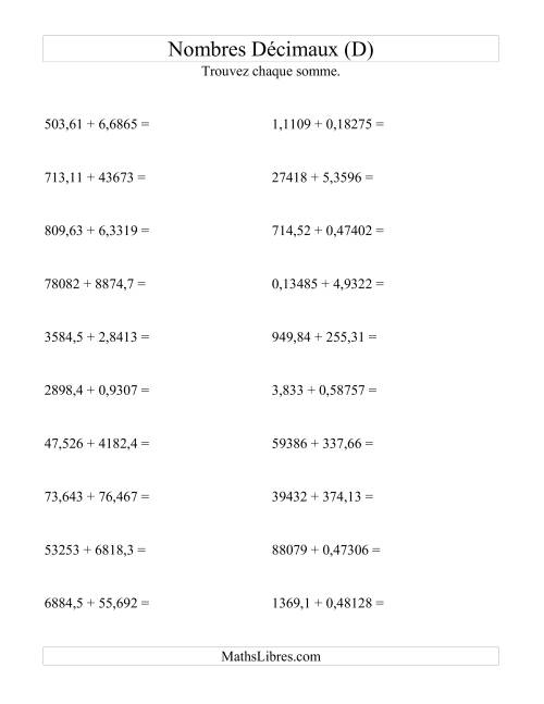 Addition horizontale de nombres décimaux (5 décimales) (D)