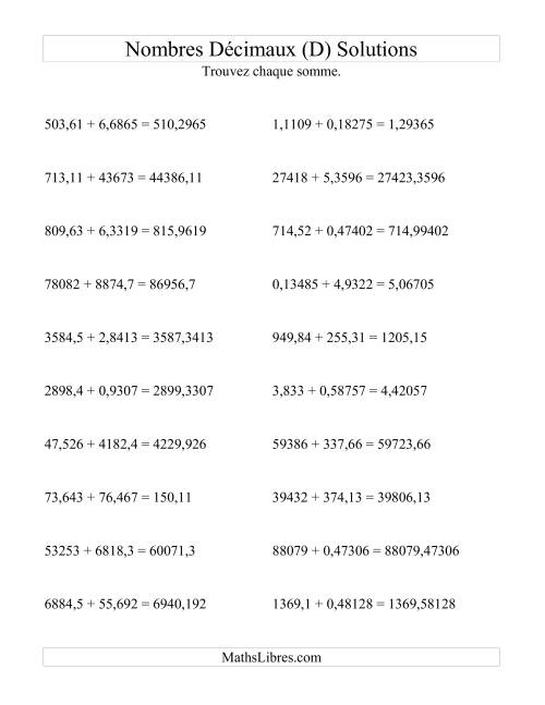 Addition horizontale de nombres décimaux (5 décimales) (D) page 2