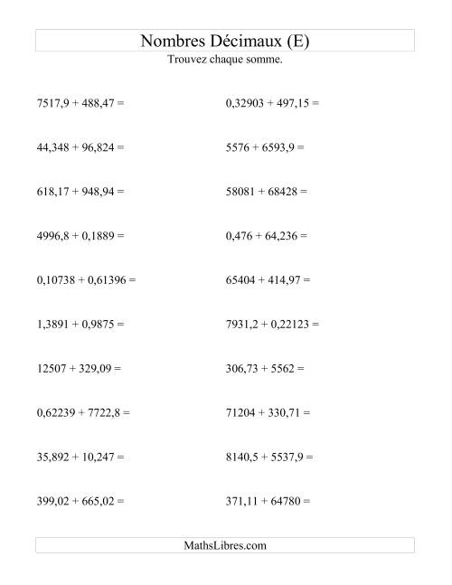 Addition horizontale de nombres décimaux (5 décimales) (E)