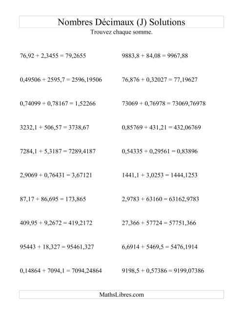 Addition horizontale de nombres décimaux (5 décimales) (J) page 2