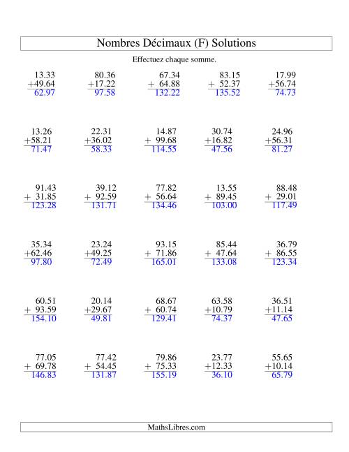 Addition de nombres décimaux (10,01 à 10,99) (F) page 2