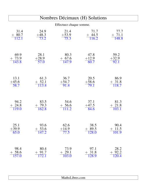 Addition de nombres décimaux (10,1 à 10,9) (H) page 2
